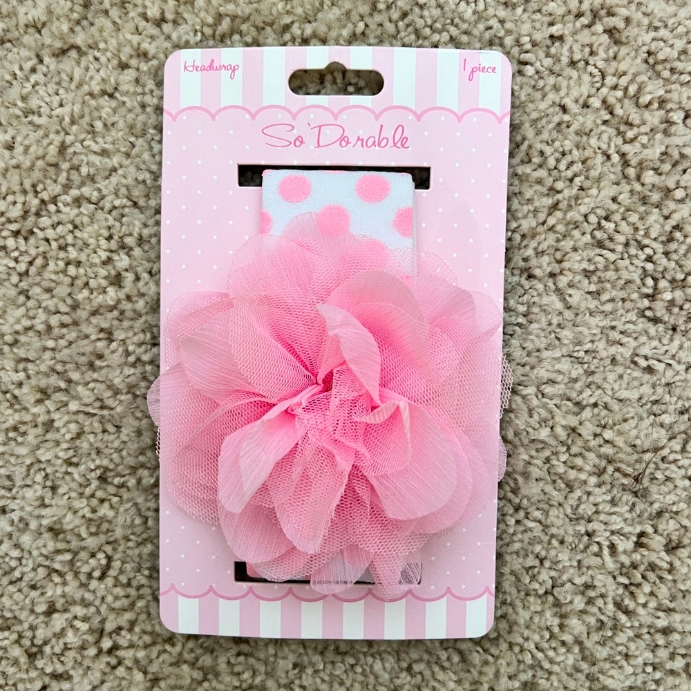 🆕 So’Dorable Pink & White Polka Dot Baby Headband Headwrap with Tulle Flower